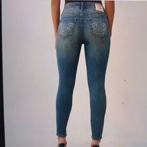True Religion Women's Blue Straight Leg Jeans with Studded Pockets